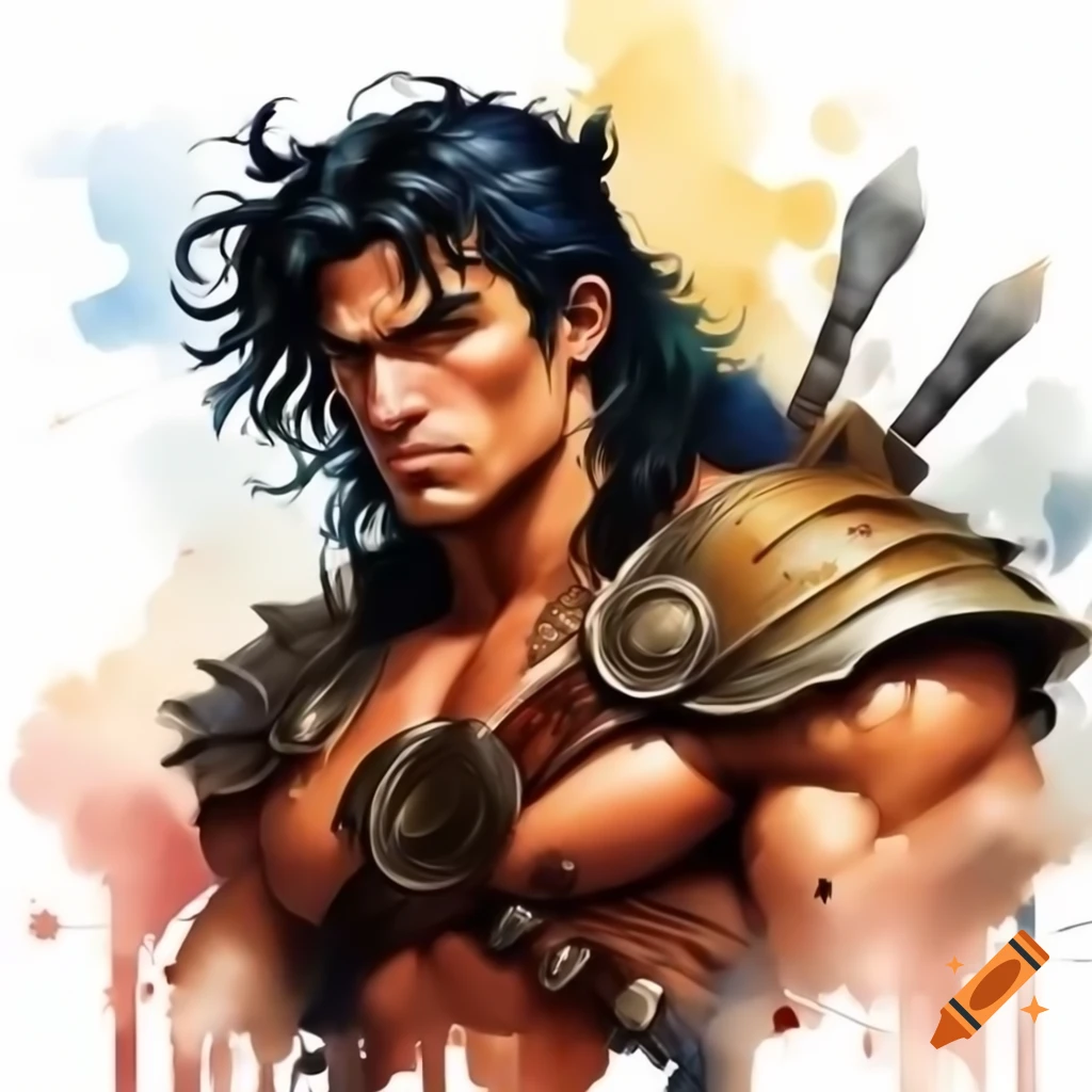 Conan the Barbarian in watercolor style, inspired by Simon Beasley and Barry Windsor-Smith