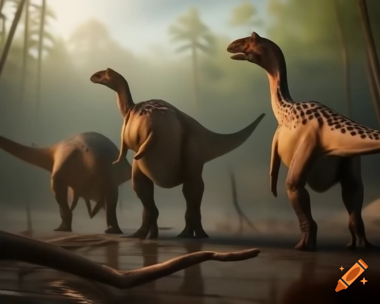 Three cinnamon-striped Hadrosaurus dinosaurs in a muddy landscape with driftwood in morning light