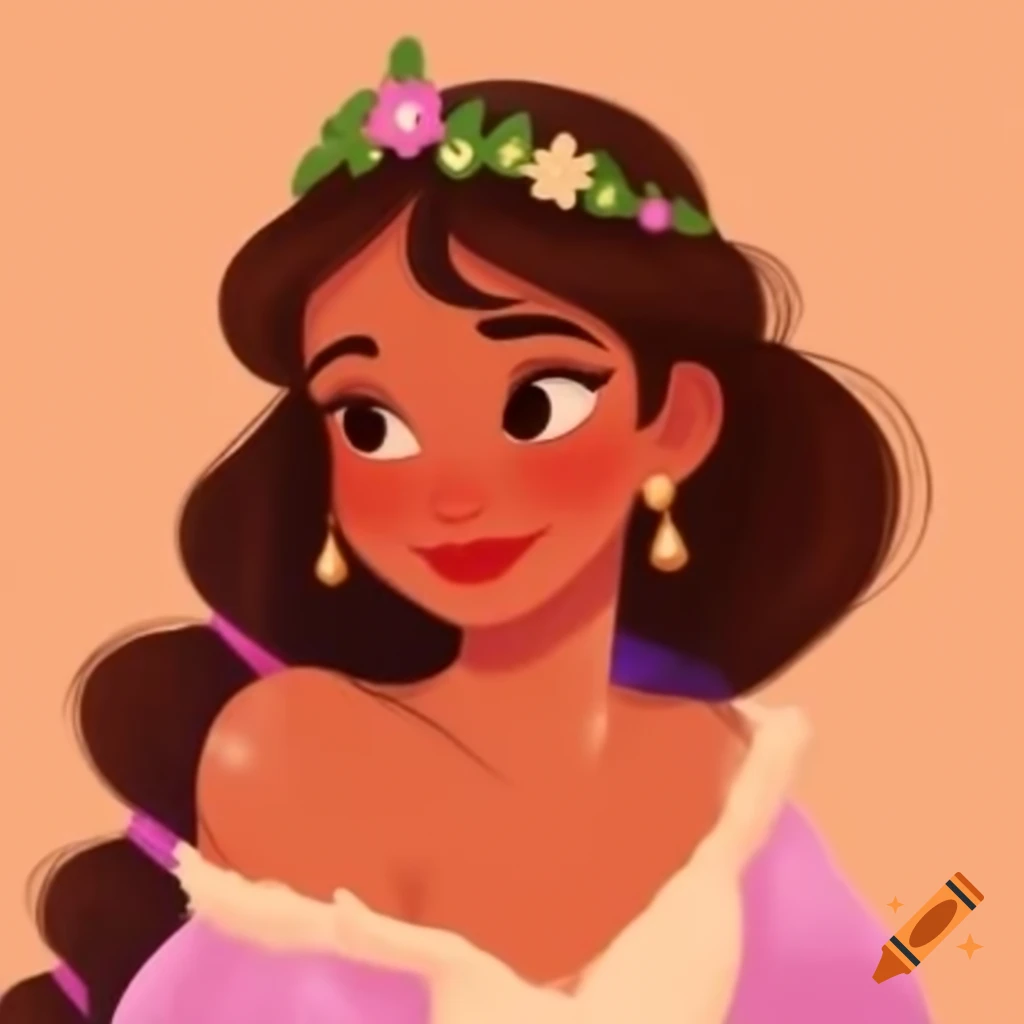 Woman with flower tiara against peach background, Disney art style