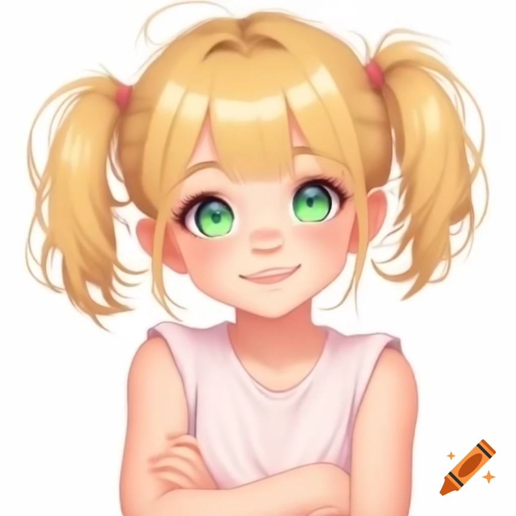 Anime girl with blonde hair and blue-green eyes, wearing a pink sleeveless t-shirt, arms crossed