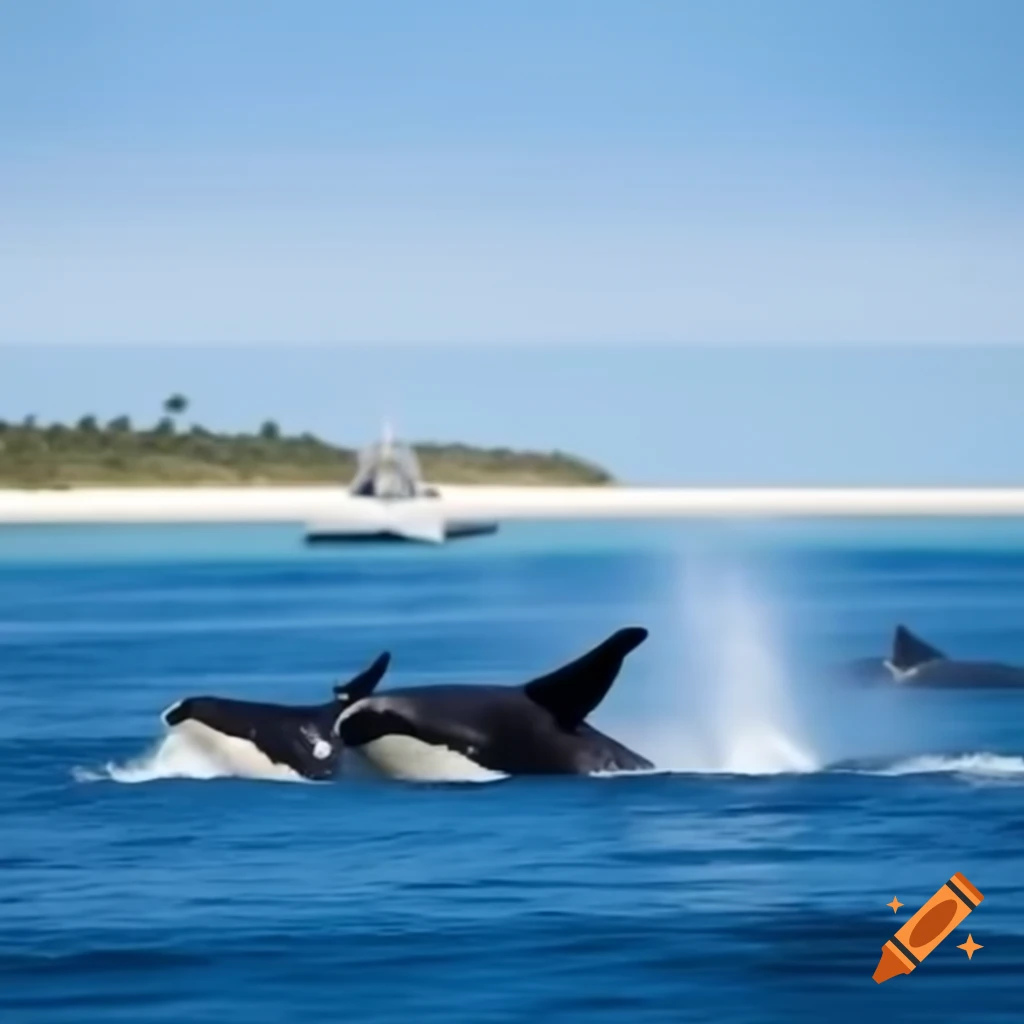 Whales jumping near boat with beach in the background