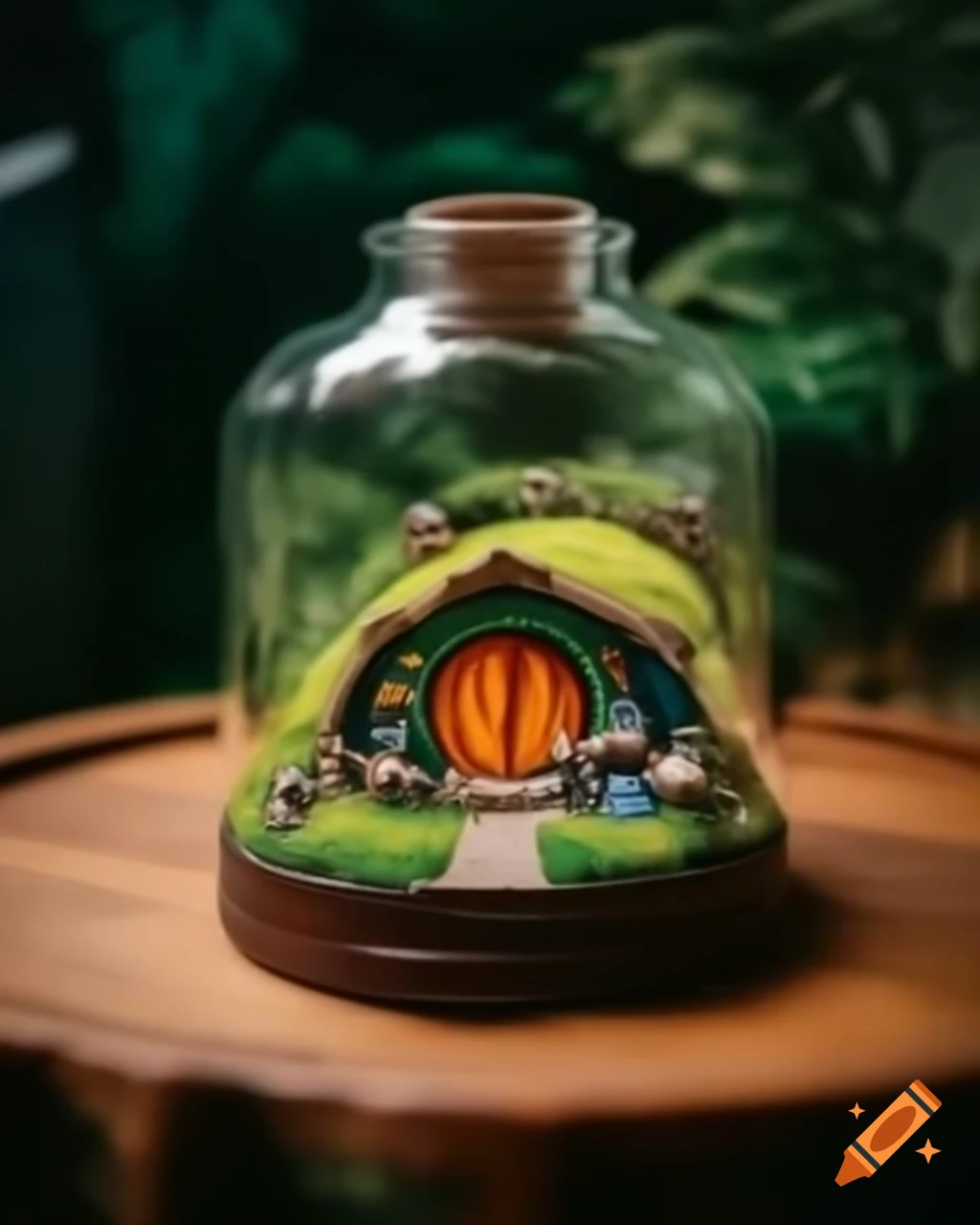 Cozy hobbit house inside glass bottle on table, detailed miniature photography