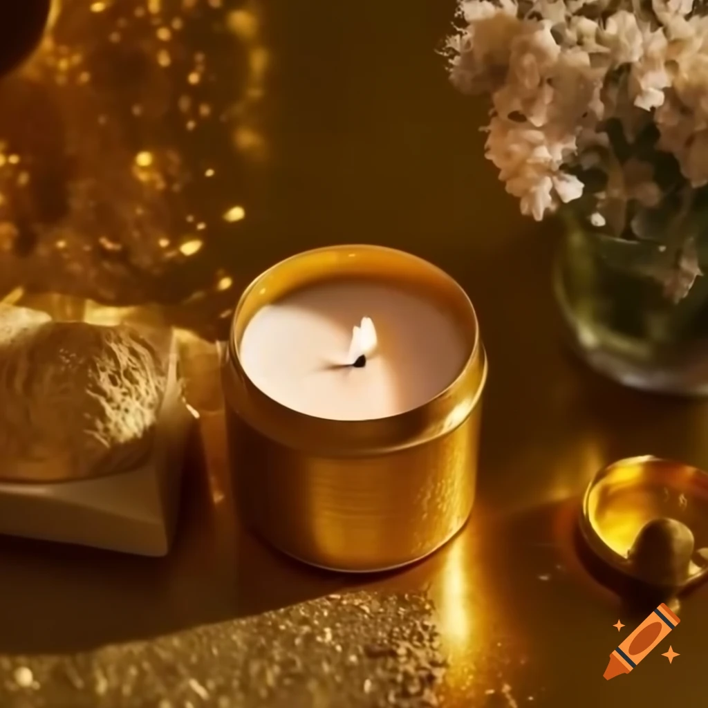 Golden glittery candle in gold tin jar on wooden table with glittery background