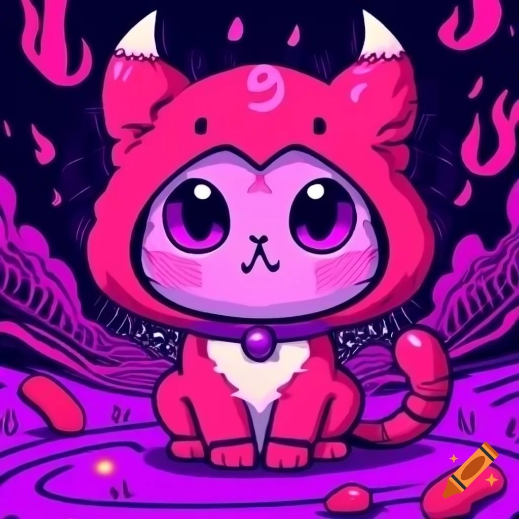 Cute anime-style devil horned kitten in pink and purple hell scenery