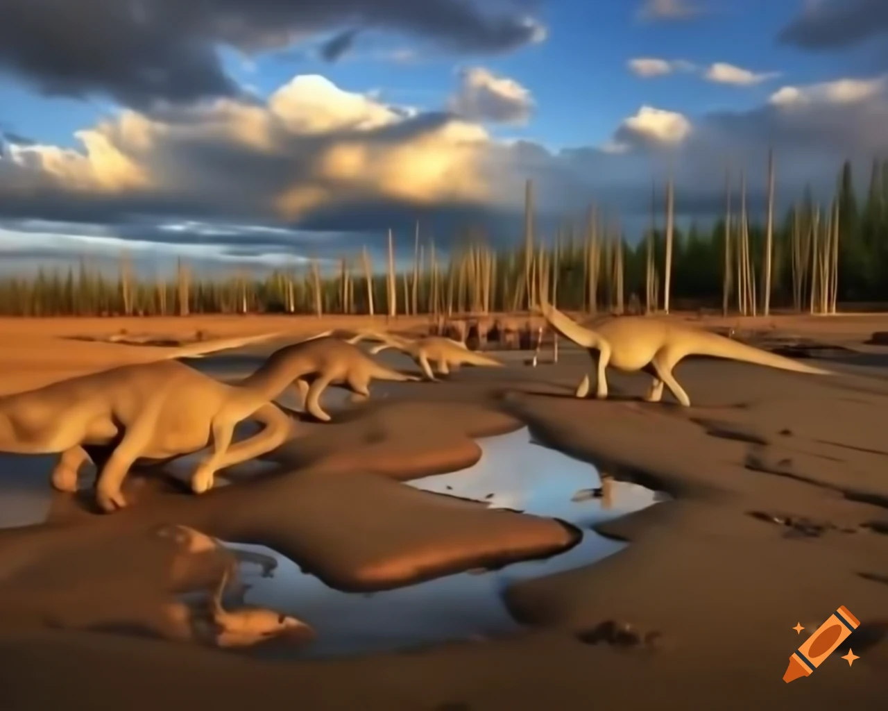 Cinnamon and grey striped Iguanodon dinosaurs crossing mudflat with driftwood in British Columbia at golden hour