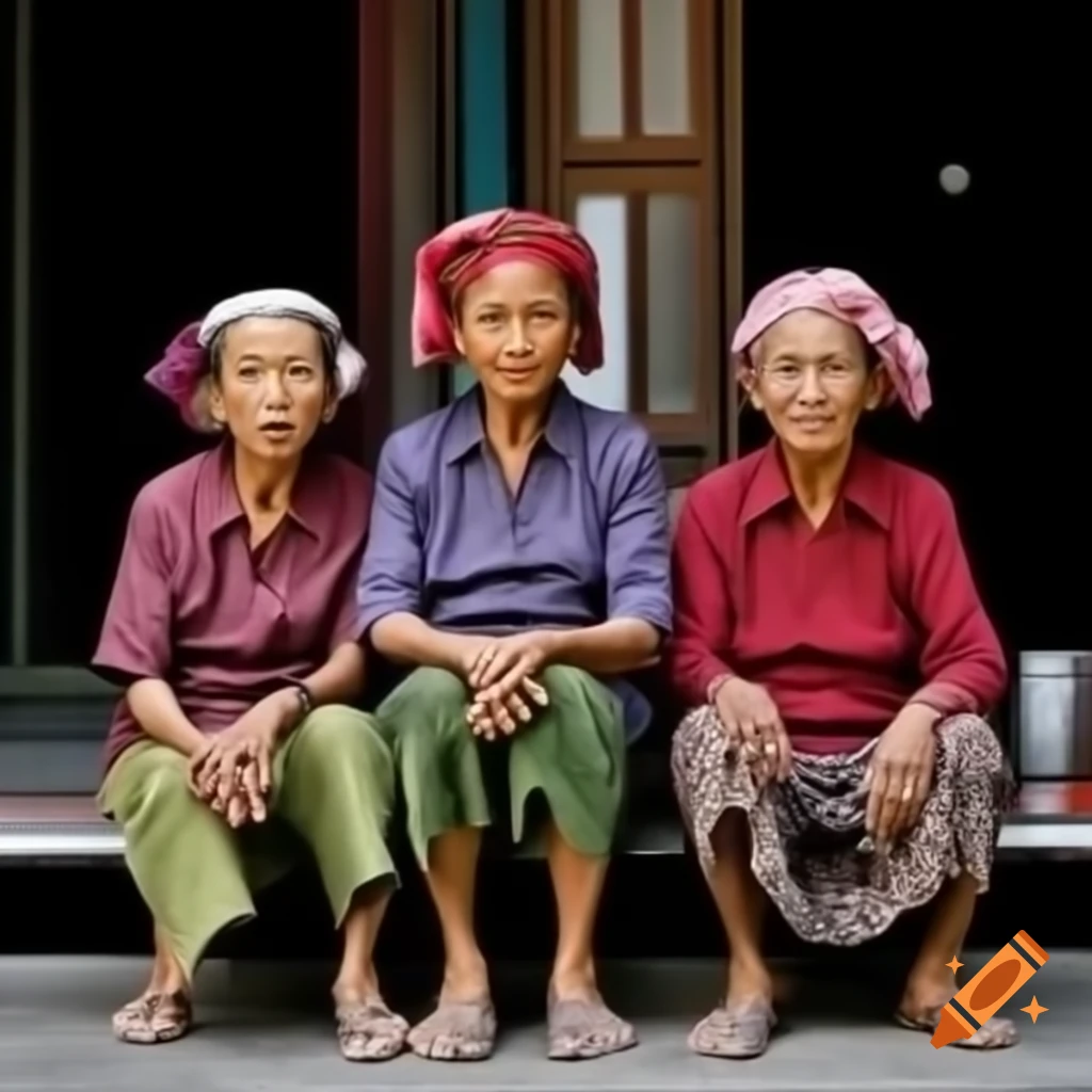Renaissance-style portrait of three elderly Indonesian women in courtyard