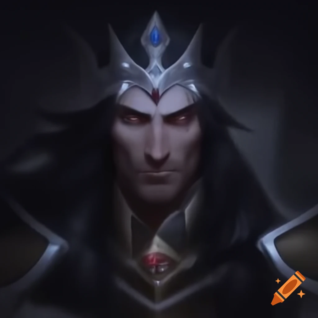 Character with dark hair and silver streak, wearing a white crown and stormy gray eyes