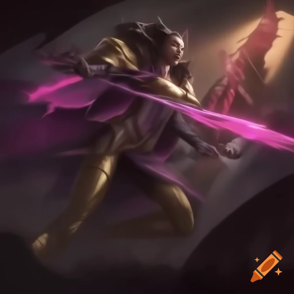 Radiant figure in gold armor wielding sword with magical sun tracers