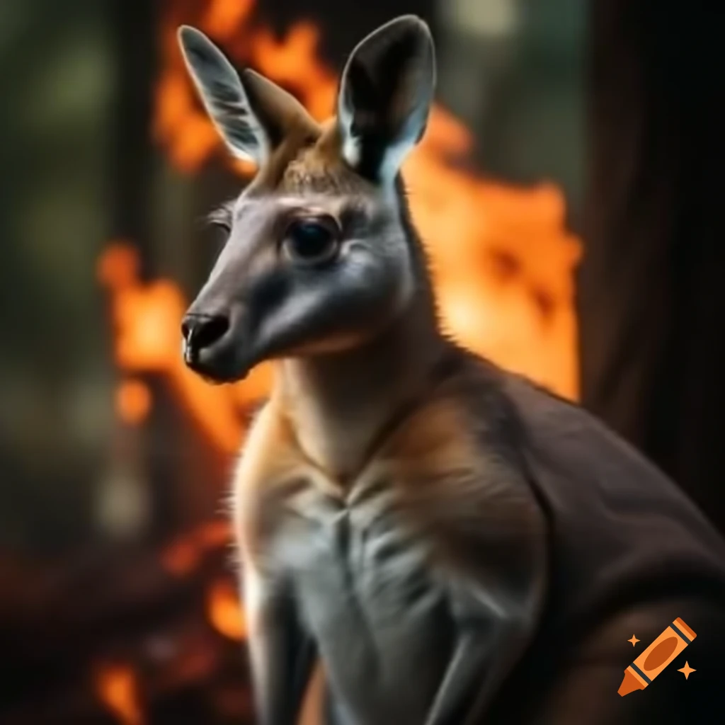 Kangaroo in front of forest fire