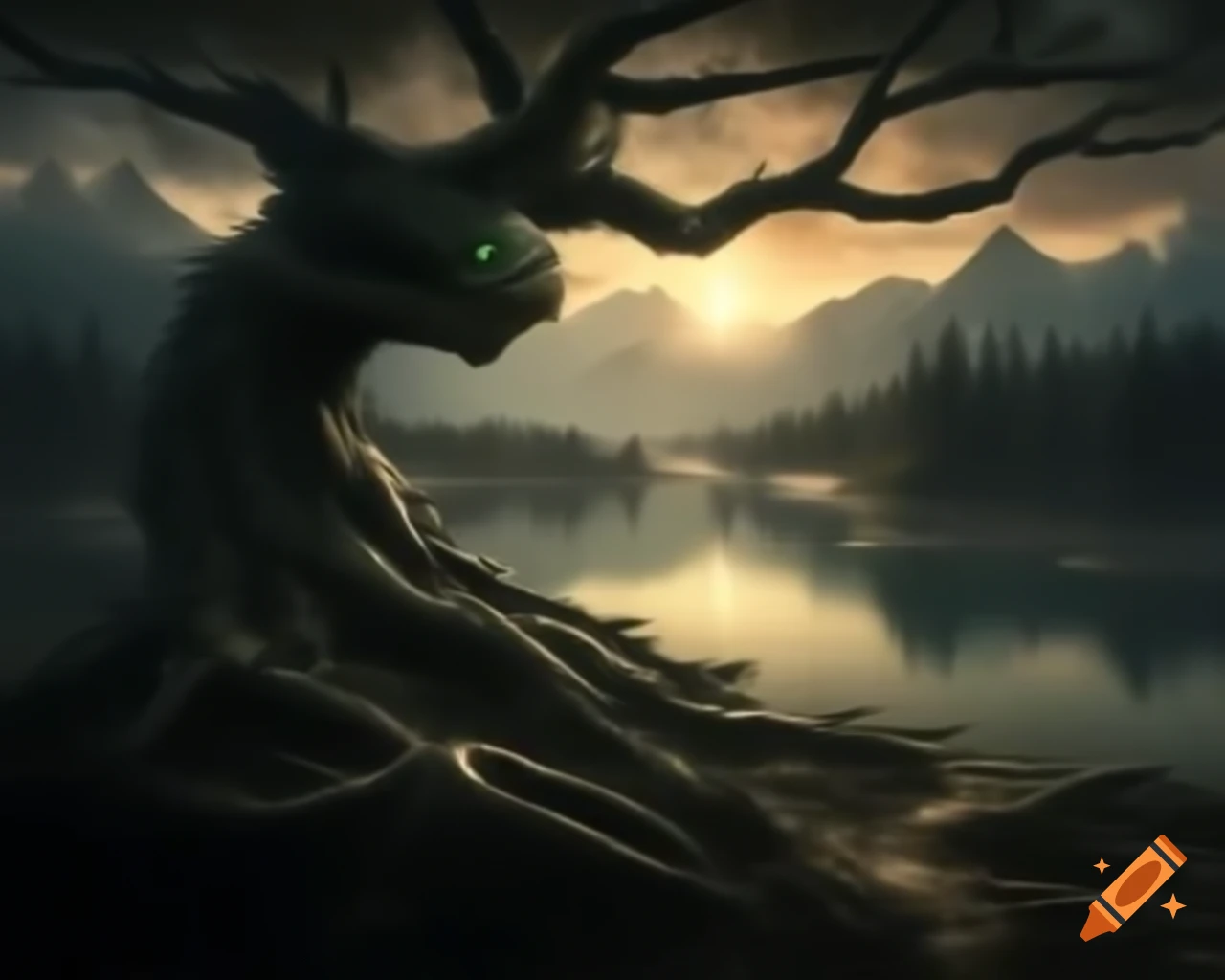 Dark fantasy scene featuring tree monster in forest by mountain lake