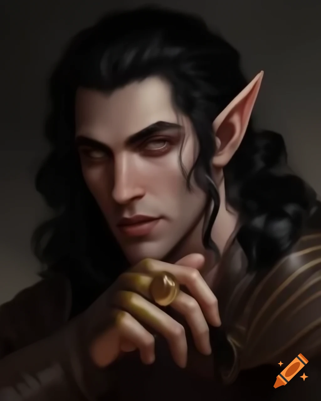Half-elf Dungeons & Dragons character portrait with long black curly hair and distinctive facial features