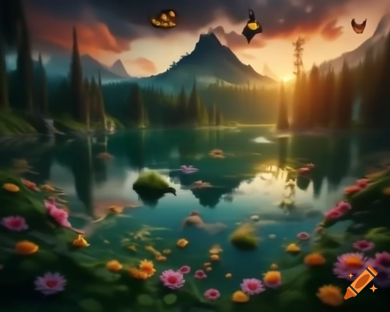 Surreal woman's face made of colorful flowers at mountain lake surrounded by forest