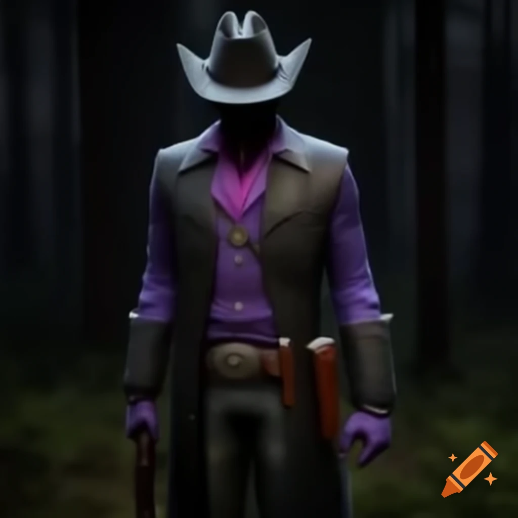 Cowboy hat and black trench coat with purple trimming in dark forest background