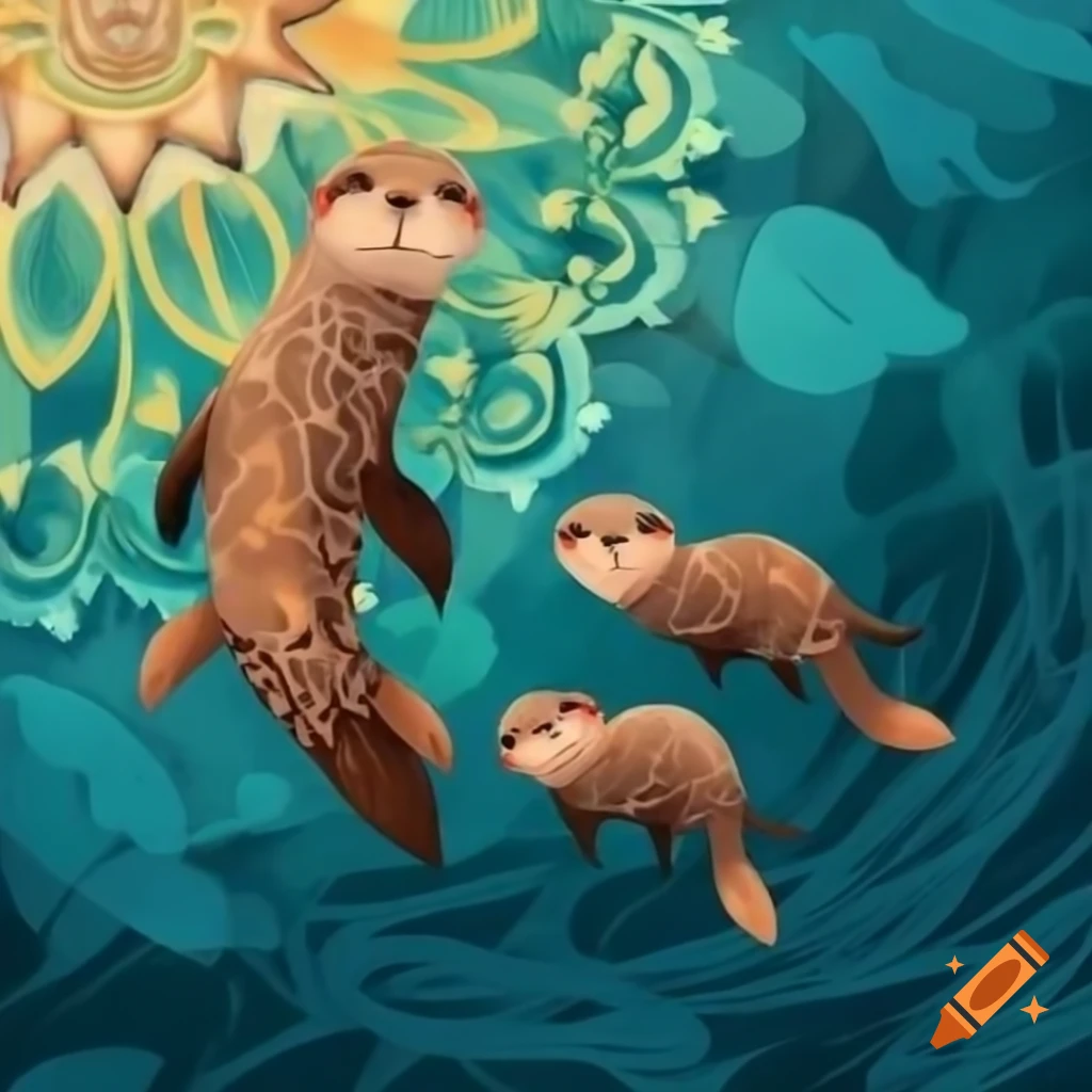 Intricate mandala design with colorful sea otters swimming around