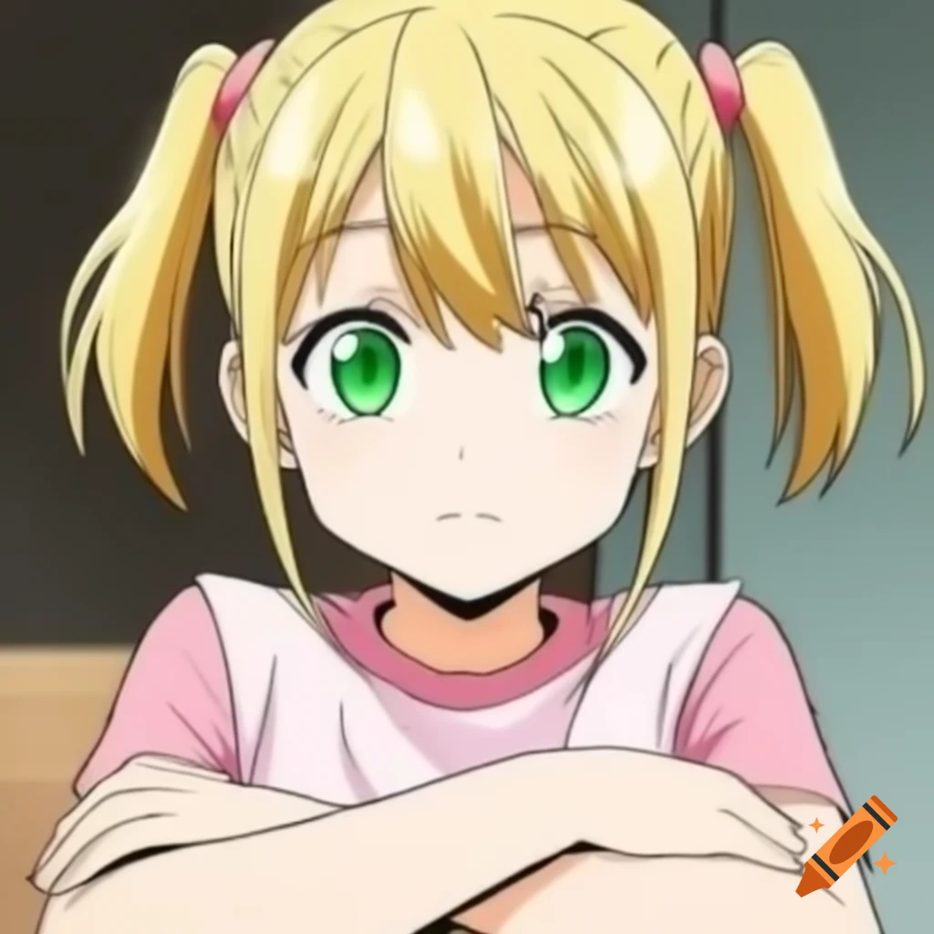 Anime girl with blonde hair and emerald green eyes wearing pink sleeveless t-shirt