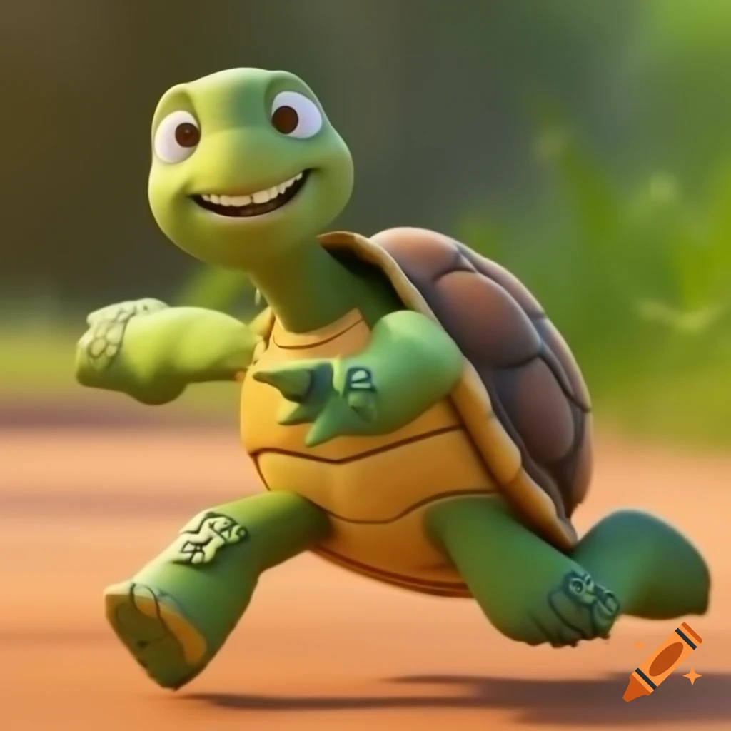Smiling turtle waving while walking in Pixar style