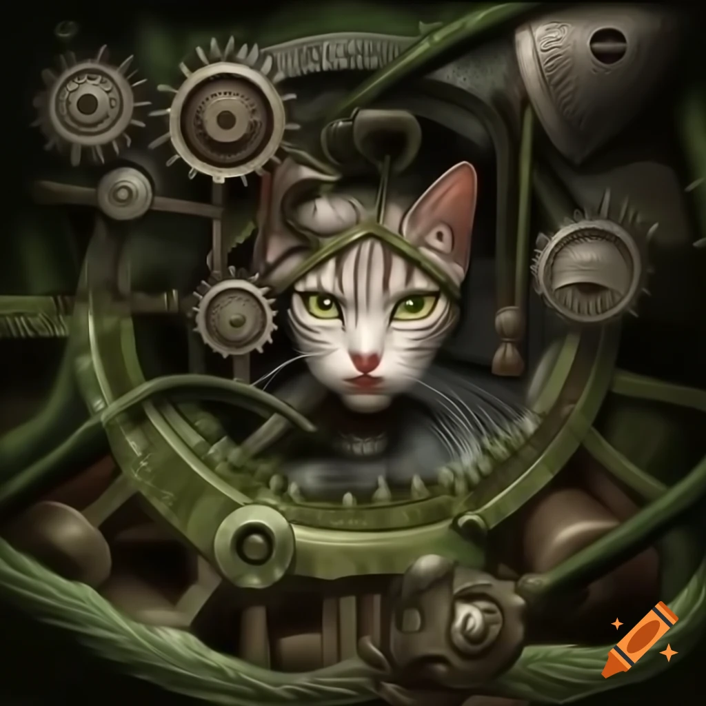 Surreal mezzotint of a cat-head girl surrounded by steampunk elements and underwater scenery
