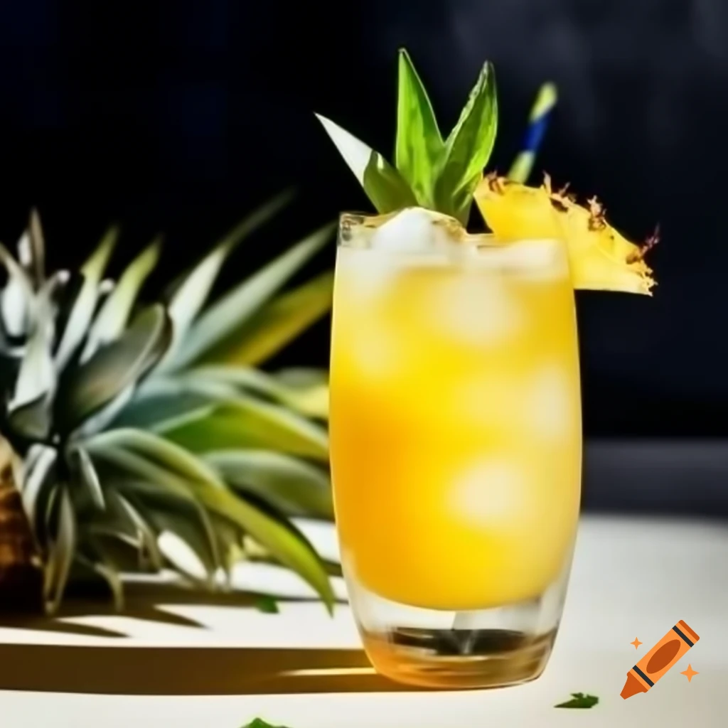Rum cocktail with pineapple and lime juice in high glass garnished with pineapple and mint