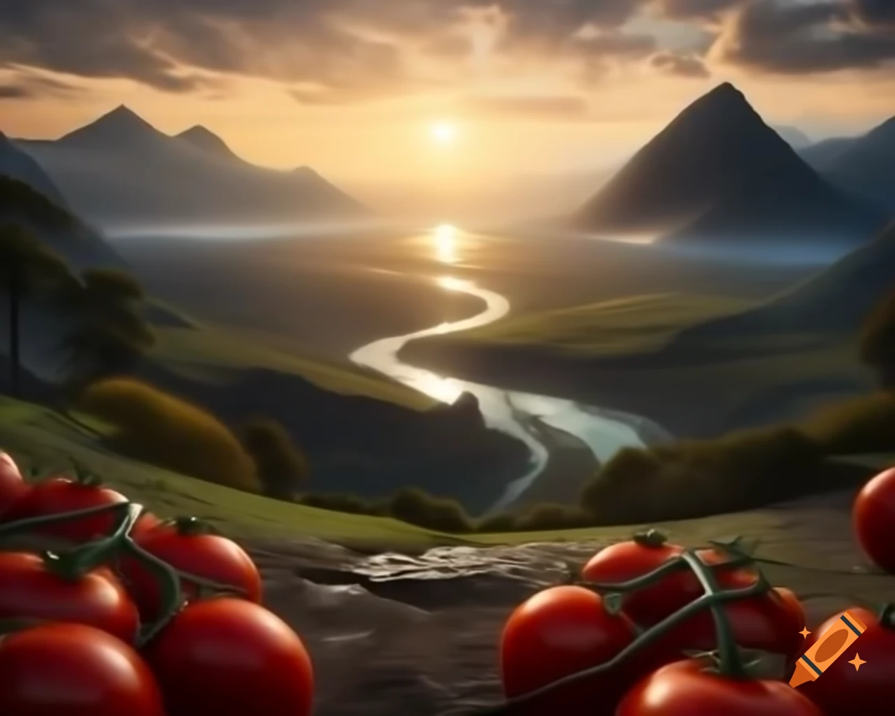 Legend of valley surrounded by ripe tomatoes, guarded by mountains