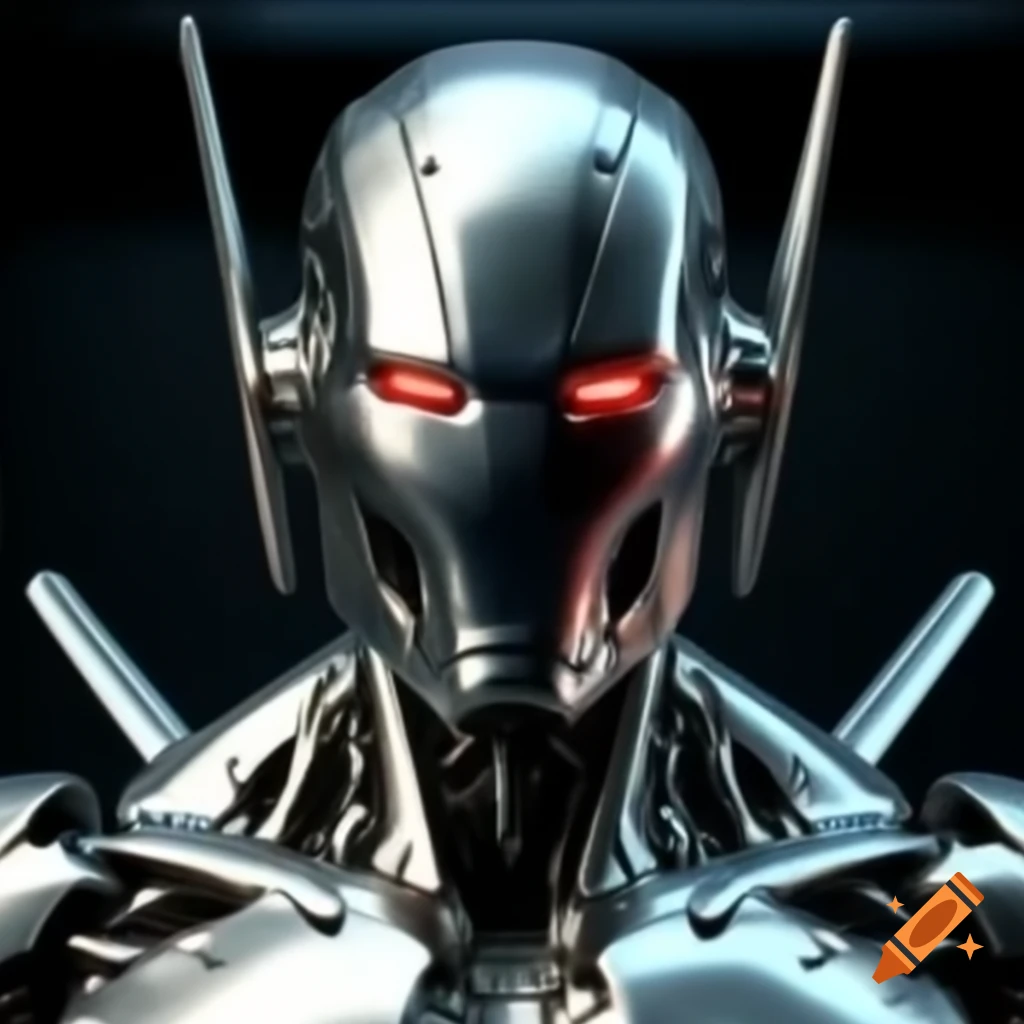 Shiny silver metal Ultron with glowing red eyes and silver fins
