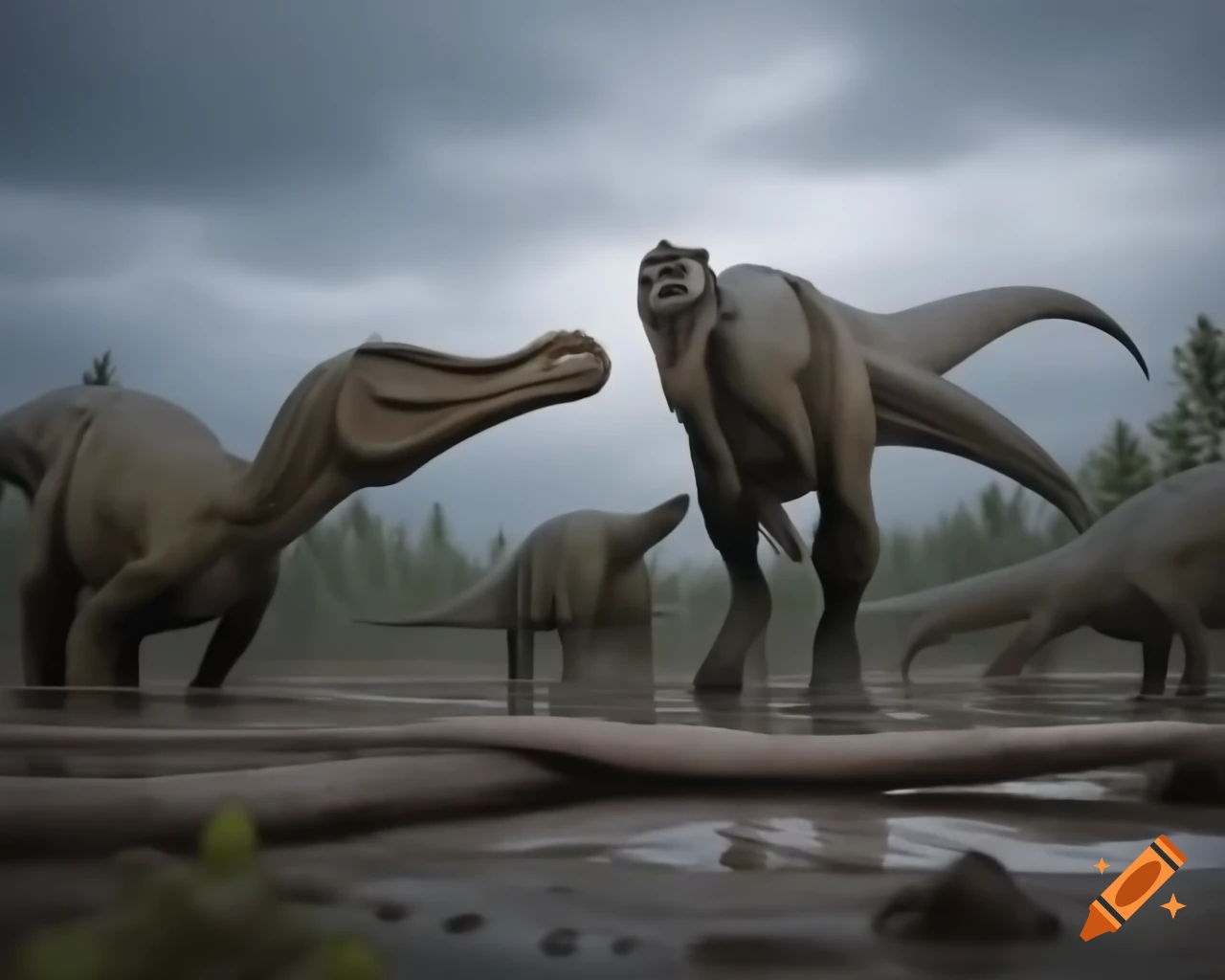 Hadrosaurus dinosaurs in mudflat with driftwood at morning