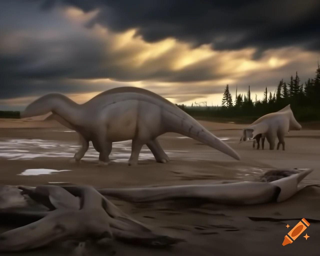 Cinnamon and grey striped Iguanodon crossing puddly mudflat in British Columbia during golden hour