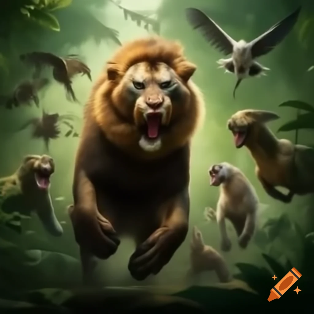 Twelve jungle animals fighting in a dynamic scene