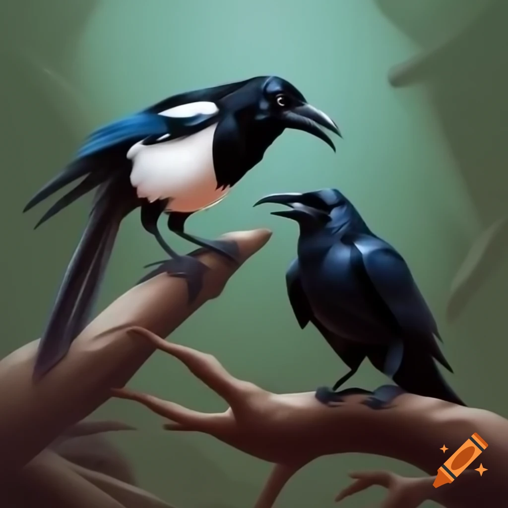 Magpie and crow perched on a branch