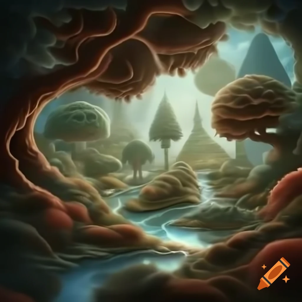 Surrealist dream-like nature landscape with fractal patterns and vibrant colors