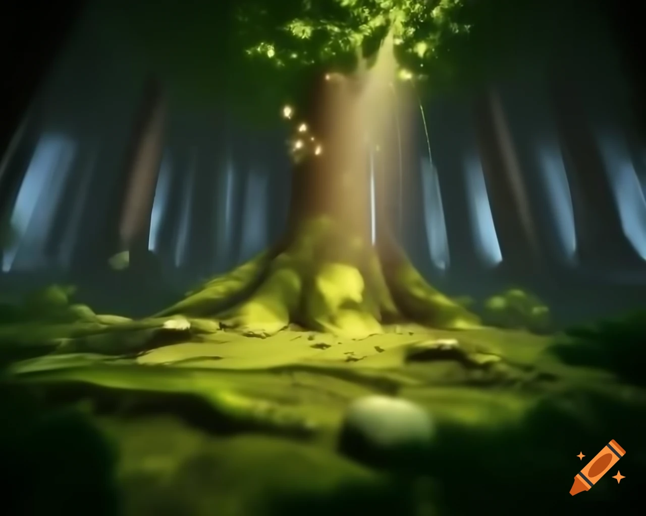 Photorealistic 3D render of a fairy in a forest with natural greens and warm oranges
