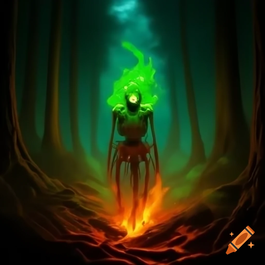 Skeleton surrounded by green flames in a neon forest