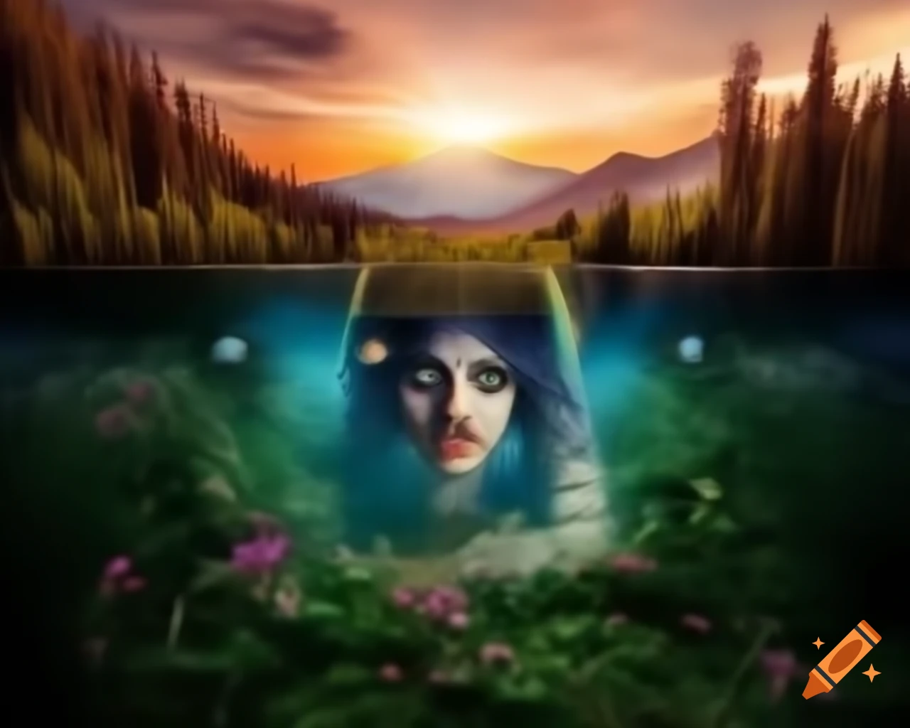 Surreal lifelike woman surrounded by ancient trees and wildflowers