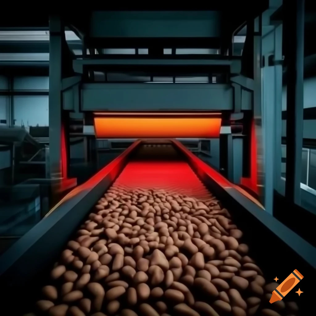 Factory conveyor belt transporting almonds with overhead lighting system