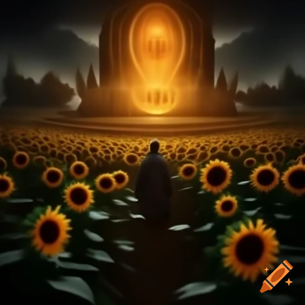 Glowing sunflowers in underdark with amphitheater and cultists