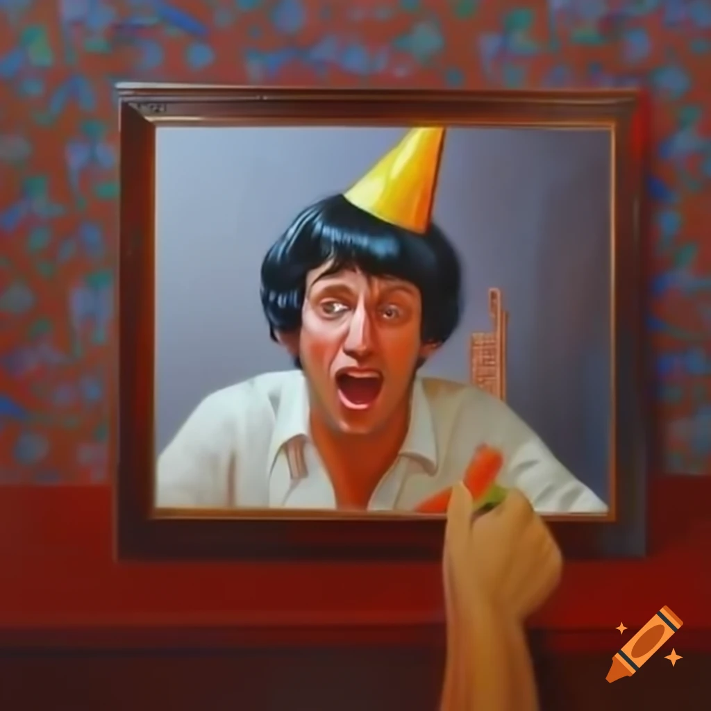 Man in party hat arguing with his reflection in the mirror