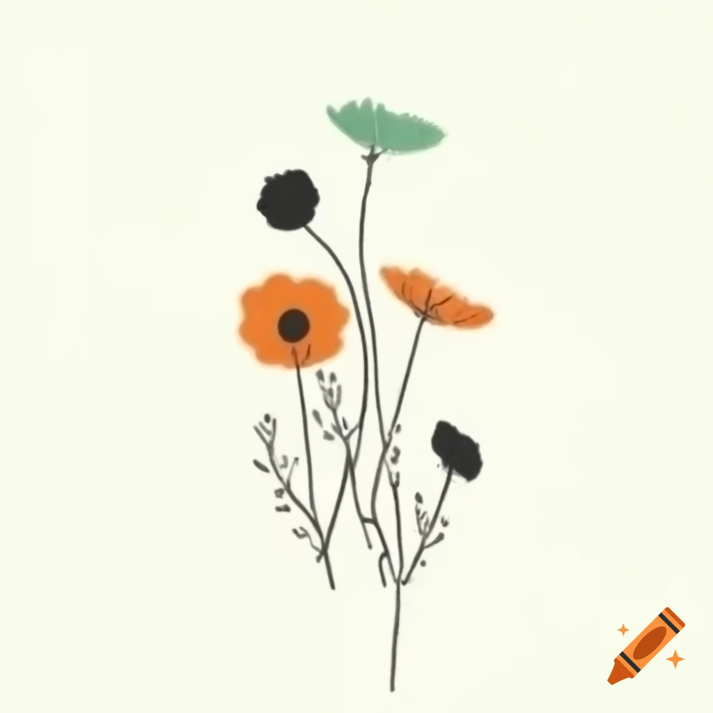 Minimalist black line drawing of cosmos flowers and branches in orange and green