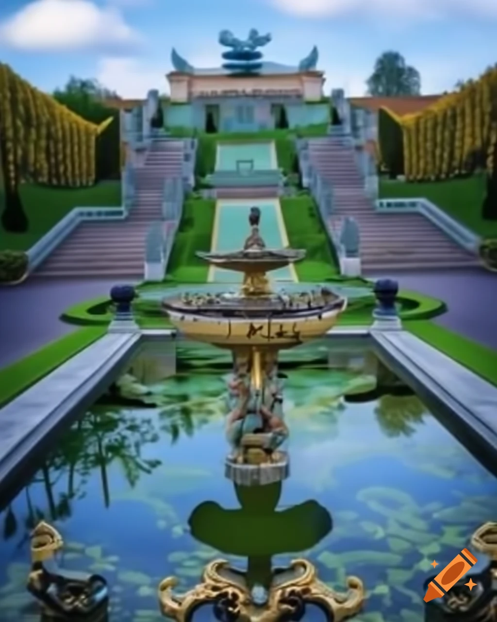 Victorian garden inspired by Monet with curved stairs and fountain