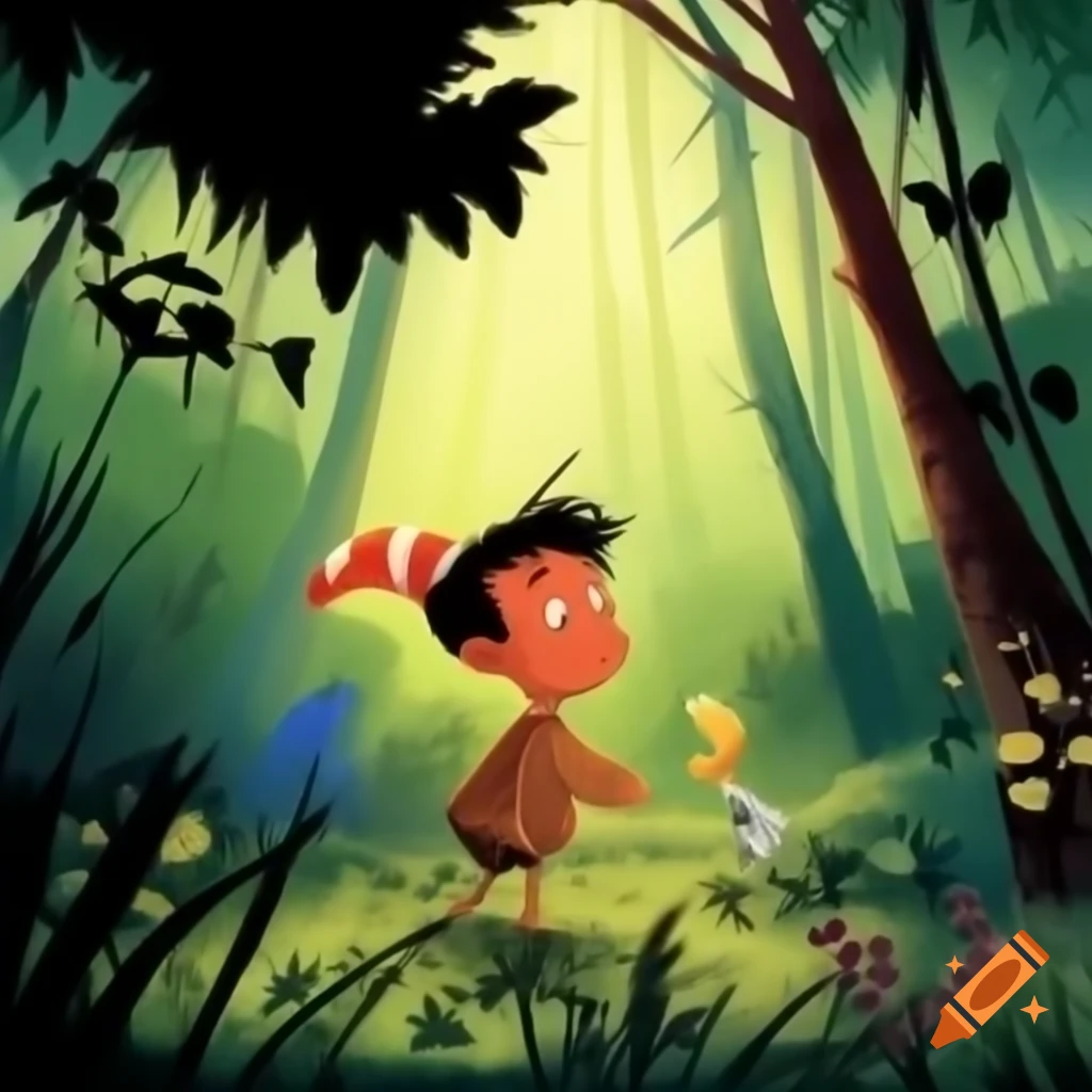 Lone child in forest illustrated in Dr. Seuss style