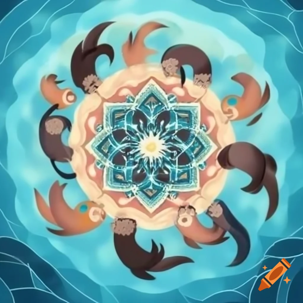 Intricate mandala design with sea otters swimming in light colors