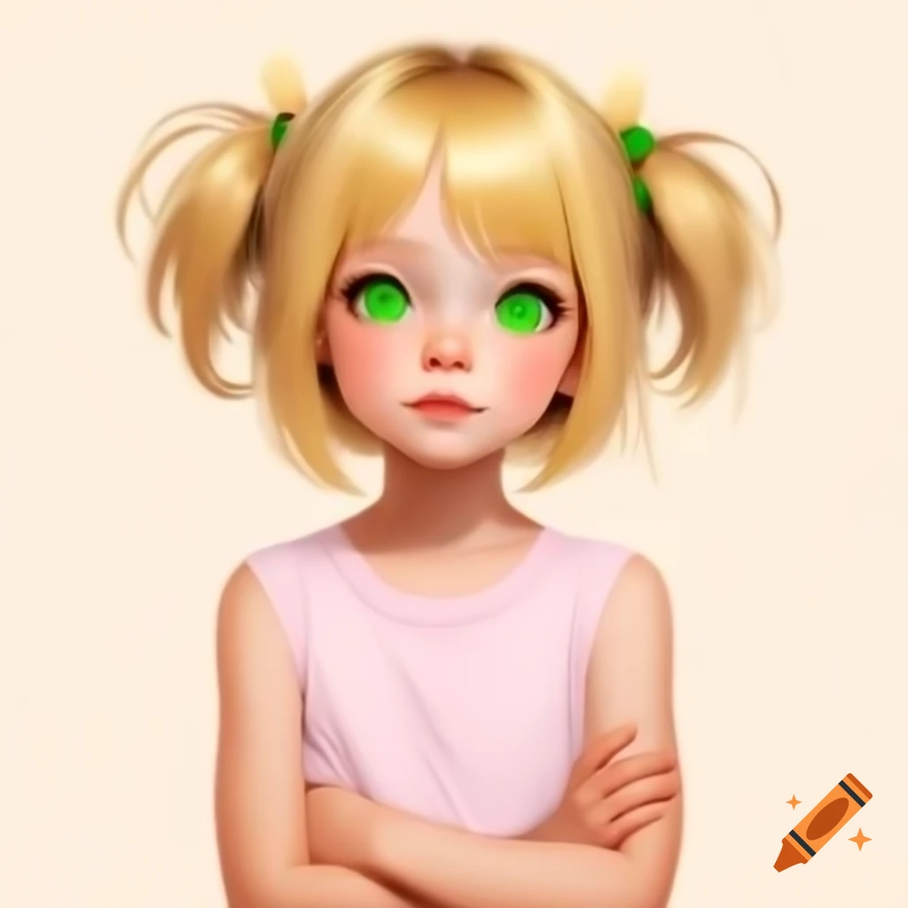 Anime girl with blonde hair and green eyes, wearing pink sleeveless t-shirt and crossed arms