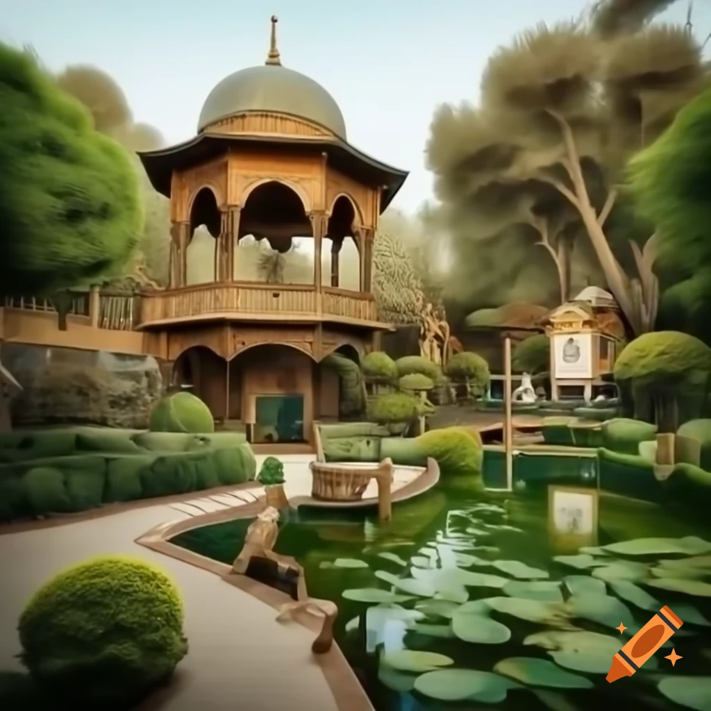 Rococo balcony overlooking pond and gazebo in a leafy garden, featuring Islamic art