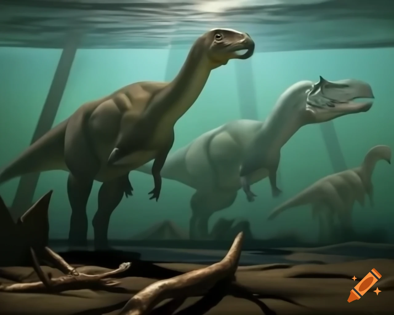 Three cinnamon-colored Hadrosaurus dinosaurs in a muddy landscape with driftwood