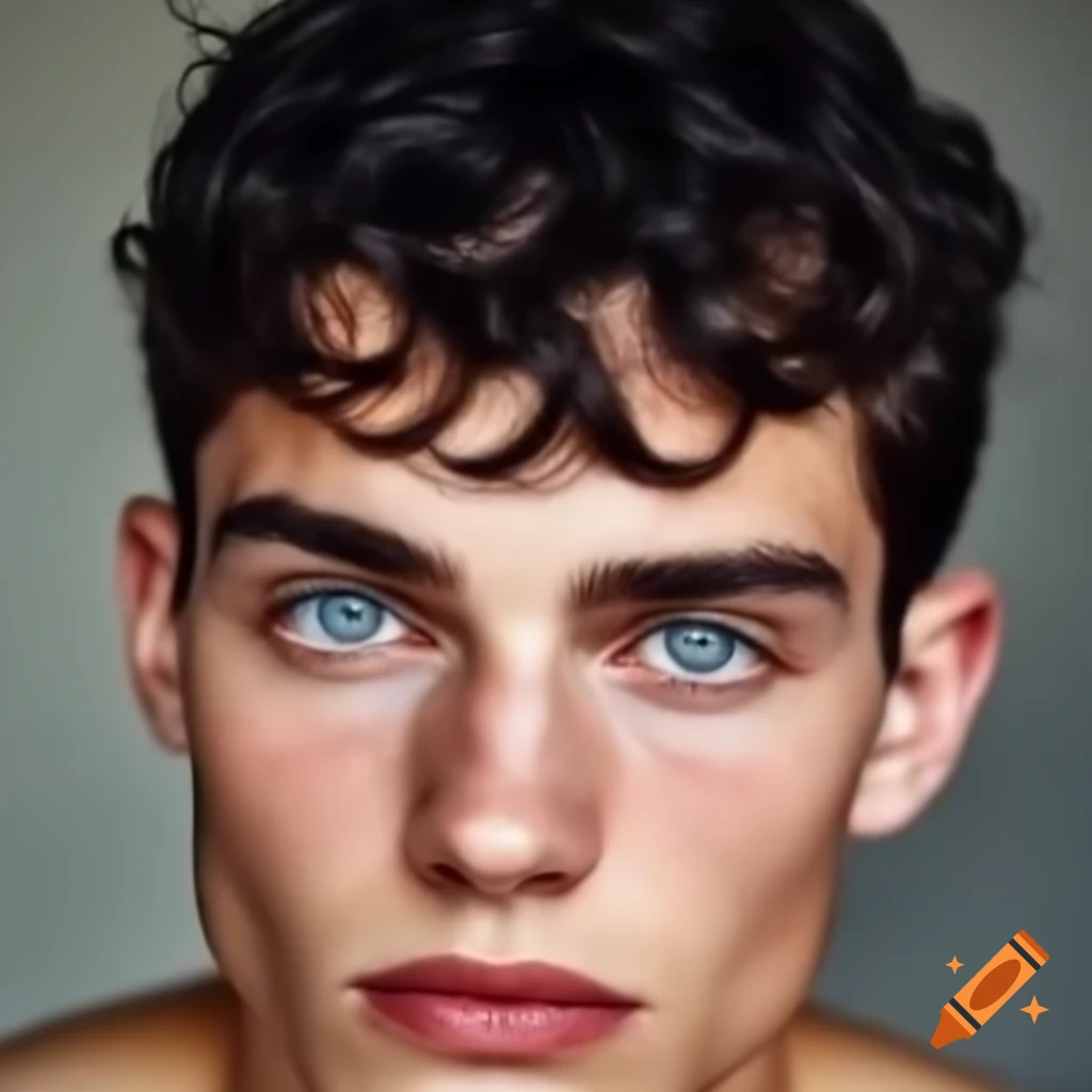 Close-up portrait of stoic young man with steel blue eyes and dark curly hair