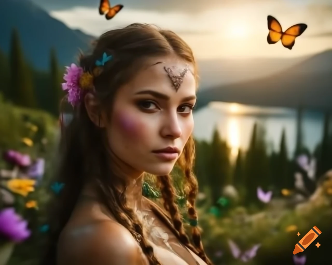 Hyperrealistic octane render of Slavic woman with flowers and butterflies in her hair