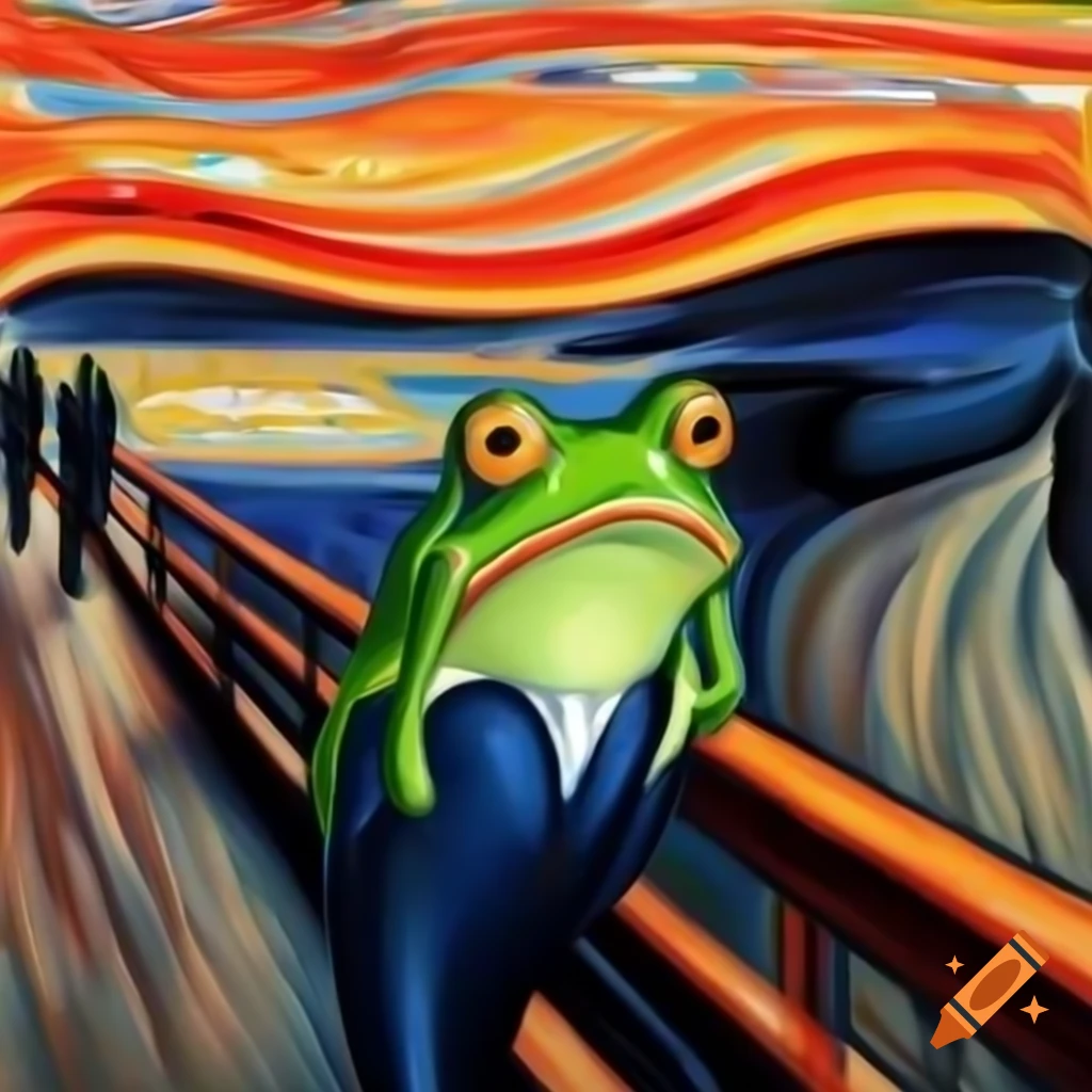 Frog with scared expression inspired by Edvard Munch's The Scream