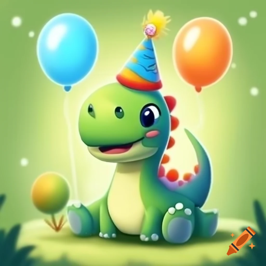 Cute 2D Brachiosaurus with party hat and balloons
