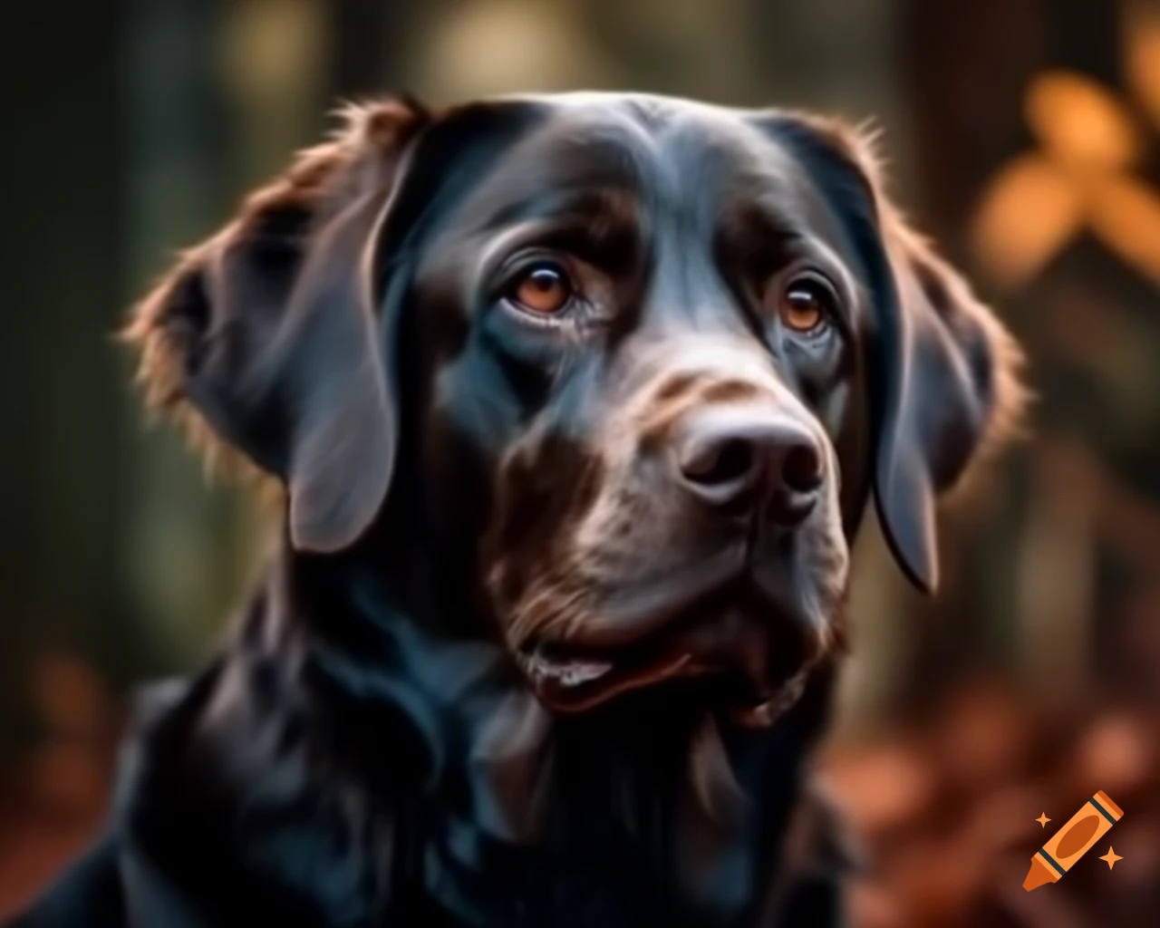 Hyperrealistic black Labrador Retriever in forest with dark brown eyes