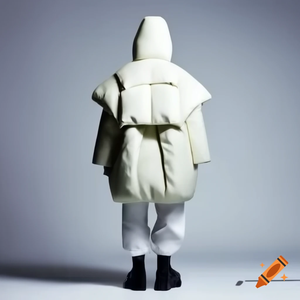 Back view of person in oversized padded white outfit with puffer jacket