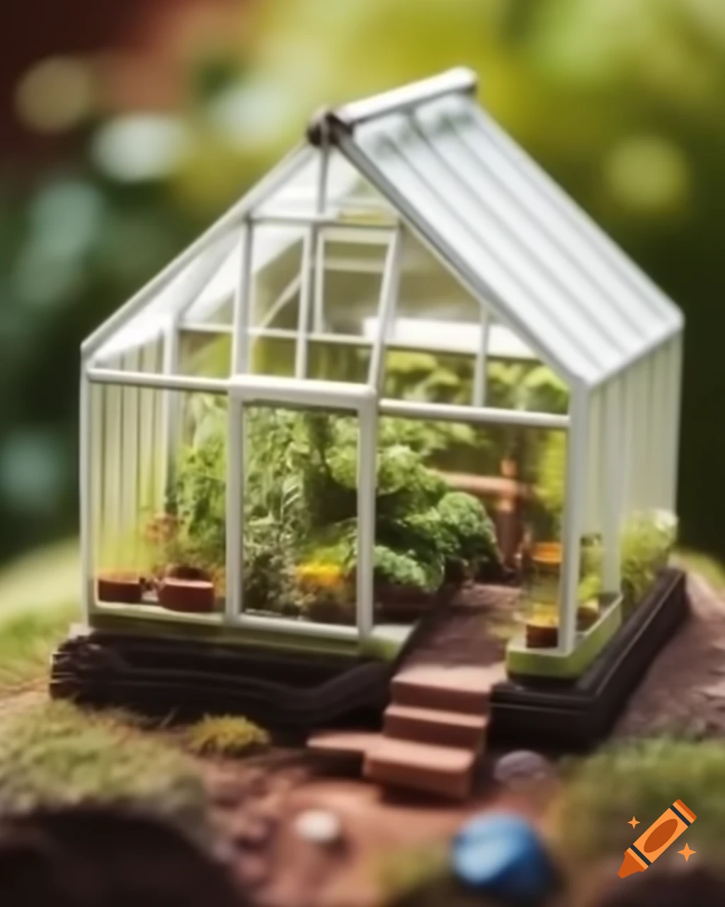 Miniature greenhouse with plants on a rock, detailed diorama photography