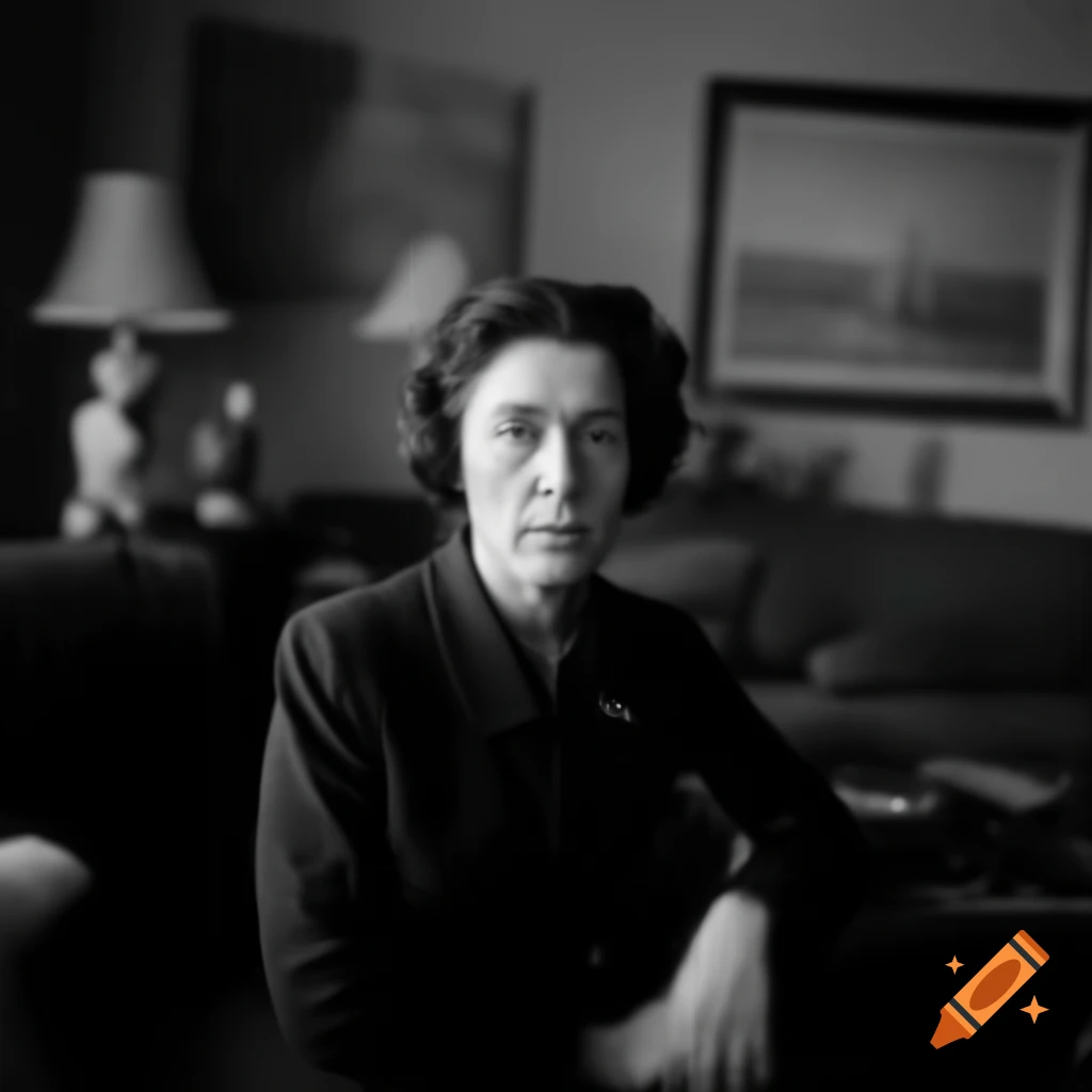 Hyperrealistic portrait of a serious woman in her 30s in a living room